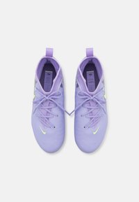 Purple synthetic soccer shoes with a textured finish, featuring slim laces, a neon yellow logo, and a rear heel tab for easy wear.