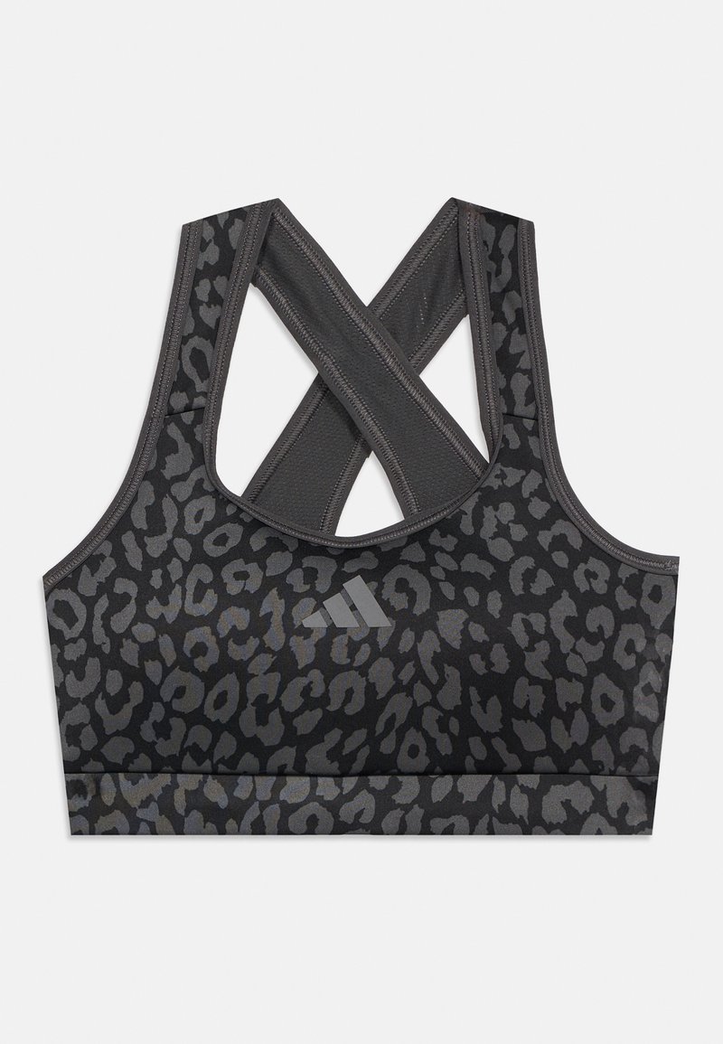 Αθλητικό σουτιέν με μαύρο και σκουρόγκρι λεοπάρ μοτίβο, φαρδιές σταυρωτές τιράντες και μικρό αντανακλαστικό λογότυπο στο κέντρο μπροστά.
