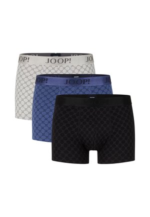 Tres pares de bóxers para hombre en negro, azul y blanco, cada uno con un patrón repetitivo y cinturillas elásticas con la marca "JOOP!".