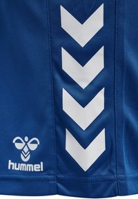 Blaue Sportshorts mit weißem Zickzackmuster an der Seite; Logo "hummel" in Weiß unten links. Hergestellt aus glattem, atmungsaktivem Stoff.