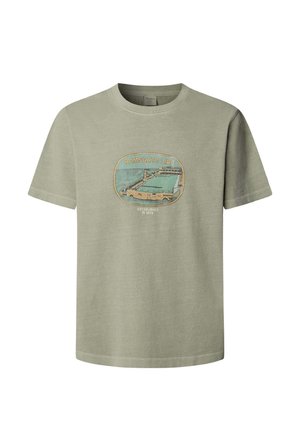 Hellolivgrünes T-Shirt mit kurzen Ärmeln, auf der Brust mit einer Vintage-Grafik des Ramsgate Lido Pools und dem Text "Gegründet 1973".