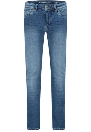 Klassische blaue Jeans aus Denim mit vorderem Knopf und Reißverschluss, Fünf-Taschen-Design und leichter Verblassung an den Oberschenkeln, präsentiert vor weißem Hintergrund.