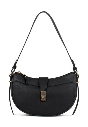 Black leather crescent-shaped shoulder bag with a flap and gold-tone clasp, adjustable strap, and side zipper pull tabs.