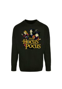 Čierna mikina so zobrazením troch kreslených čarodejníc z filmu "Hocus Pocus" na prednej strane a žltým textom nižšie. Dlhé rukávy a dizajn s okrúhlym výstrihom.