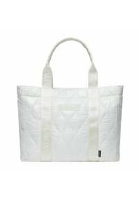 Borsa tote bianca trapuntata con texture imbottita, dotata di manici doppi, cinghie brandizzate e forma rettangolare per un'archiviazione strutturata.