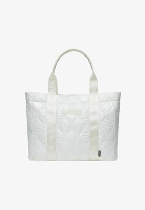 Sac fourre-tout blanc matelassé avec une texture rembourrée, doté de deux poignées, de sangles de marque et d'une forme rectangulaire pour un rangement structuré.