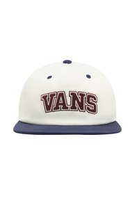 Cappellino da baseball in crema e blu navy. Presenta il logo ricamato "VANS" in marrone sulla parte anteriore. Tessuto morbido con una forma strutturata e visiera piatta.
