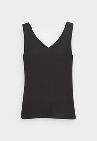 Top senza maniche nero con scollatura a V profonda, realizzato in tessuto leggero e liscio. Presenta un orlo dritto e un design minimalista.