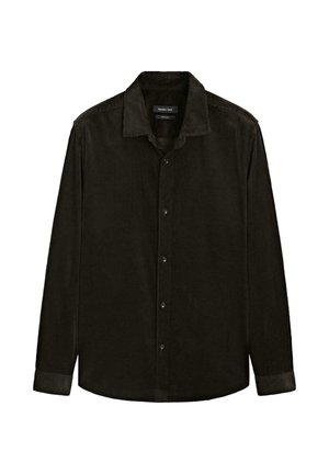 Camicia nera in corduroy a maniche lunghe con colletto a punta, chiusura frontale con bottoni e cuciture tono su tono. Tessuto testurizzato con motivo a righe.