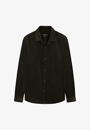 Camicia nera in corduroy a maniche lunghe con colletto a punta, chiusura frontale con bottoni e cuciture tono su tono. Tessuto testurizzato con motivo a righe.