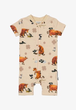 Beige värinen, lyhythihainen vauvanhaalari, jossa on vetoketju. Haalarissa on kuvituksia ruskeista lehmistä, mustista linnuista, valkoisista kanoista ja beigenvärisistä apilanlehdistä.