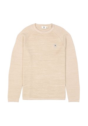 Beige sweatshirt with a textured, ribbed fabric, long sleeves, and a crew neckline. Features a small, square logo on the chest.