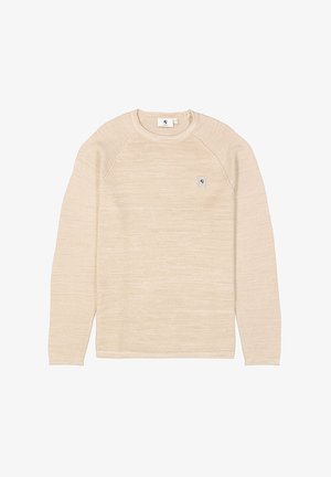 Sudadera beige con un tejido texturizado y acanalado, mangas largas y cuello redondo. Presenta un pequeño logo cuadrado en el pecho.