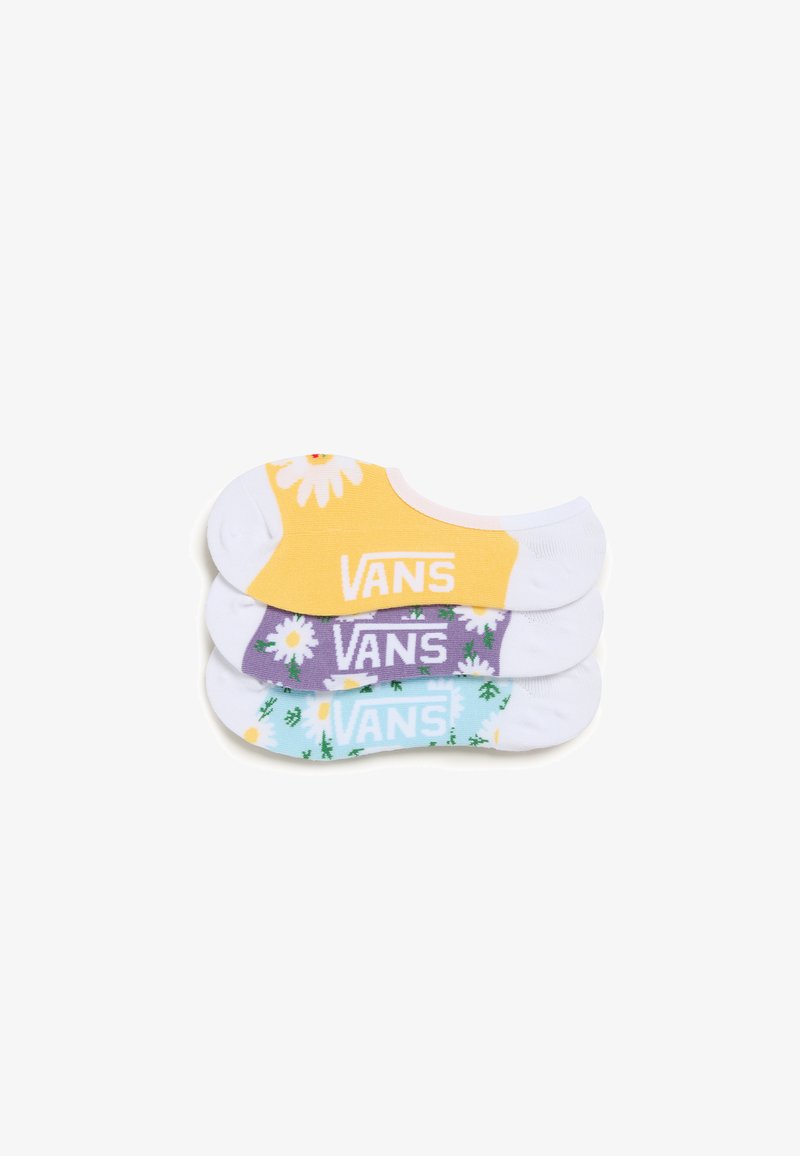 Tre par ankle socks från Vans, med en gul socka med prästkragar, en lila socka med logotyp och en blå socka med blommönster.