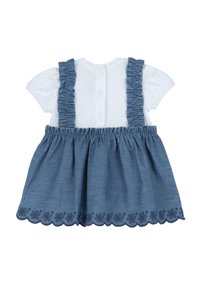 Blue denim dress with white cotton t-shirt top, ruffled straps, and scalloped hem featuring floral embroidery. Back button closure.