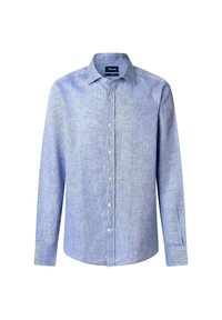 Lichtblauwe lange mouw shirt van geweven stof met een gestructureerd patroon, voorzien van een puntige kraag en een knoopsluiting aan de voorkant.
