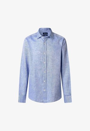 Camicia a maniche lunghe azzurro chiaro, tessuto a trama con motivo testurizzato, dotata di colletto a punte e chiusura frontale con bottoni.