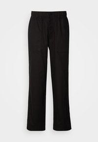 Black pants with a relaxed fit, made from lightweight fabric. Features an elastic waistband, button closure, and two front pockets.