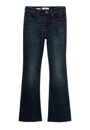 Jean en denim bleu foncé évasé avec des accents décolorés, cinq poches et un ourlet brut. Fabriqué en coton avec une fermeture à bouton et des passants de ceinture.