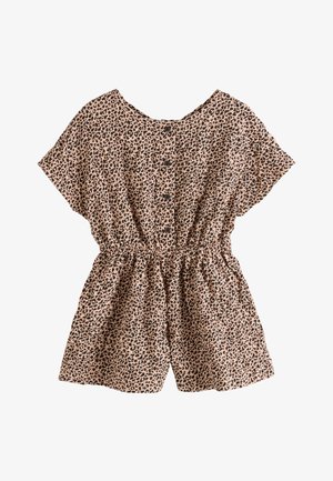 Beige kortærmet romper med sort leopardprint, frontknapper og elastisk talje, lagt fladt på en hvid baggrund.