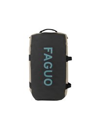 Svart och beige ryggsäck med rektangulär form, med tydligt utställd blå "FAGUO" text; utrustad med sidoremmar och ett handtag på toppen.