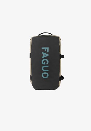 Zaino nero e beige con forma rettangolare, dotato di testo blu "FAGUO" ben visibile; equipaggiato con cinghie laterali e una maniglia superiore.
