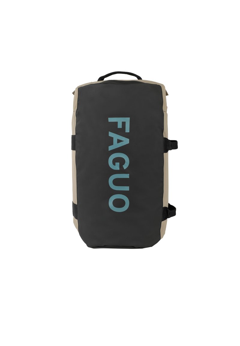 Svart och beige ryggsäck med rektangulär form, med tydligt utställd blå "FAGUO" text; utrustad med sidoremmar och ett handtag på toppen.