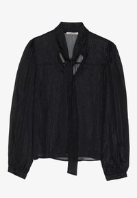 Blusa nera con colletto a cravatta, maniche lunghe a palloncino e un leggero riflesso metallico. Tessuto testurizzato con strisce verticali e polsini elasticizzati.