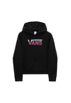 Sweat noir à capuche avec poche avant et logo Vans en dégradé du bleu au rose sur la poitrine.