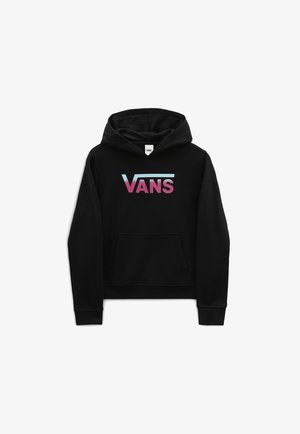Sweat noir à capuche avec poche avant et logo Vans en dégradé du bleu au rose sur la poitrine.
