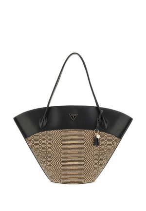 Zwarte handtas met een brede, gestructureerde vorm. Voorzien van een patroon in beige stof, een glad bovenstuk en een metalen logo-accent.