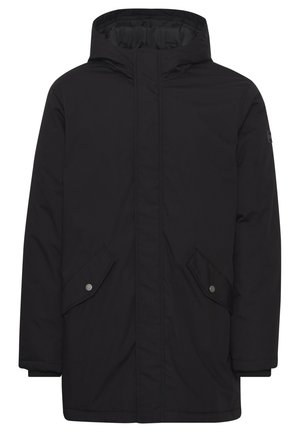 Svart huva parka jacka med dragkedja, två framfickor med tryckknappar och ribbade ärmar. Slät textur och isolerad foder.