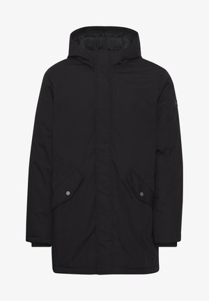 Black hooded parka jacket featuring a zip closure, two front pockets with snap buttons, and ribbed cuffs. Smooth texture and insulated lining.