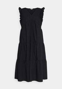 Robe midi noire sans manches avec col en V, détails volantés aux épaules et jupe à volants suspendue devant un fond blanc.