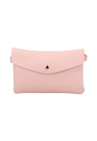 Rožinė odinė rankinė su tekstūruotu paviršiumi, turinti atvartą ir sidabrinį spaudimo mygtuką. Kompaktinė stačiakampė forma.