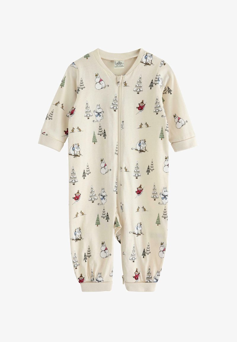 Hellbeige Overall mit kurzärmeligen, der ein Muster aus Moomin-Figuren, Bäumen und Schneeflocken aufweist. Mit Reißverschluss vorne.