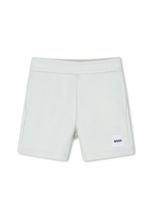 Shorts à taille élastique gris clair avec poches latérales et une petite étiquette blanche portant la mention "BOSS" sur la jambe inférieure gauche.