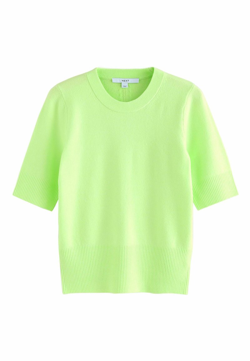 Pull à manches courtes en vert néon vif, confectionné en tissu doux avec poignets et ourlet côtelés, présentant un col rond.