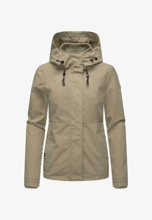 Chaqueta impermeable beige con cremallera frontal, capucha ajustable, dos bolsillos laterales y tejido texturizado con sutiles rayas horizontales.