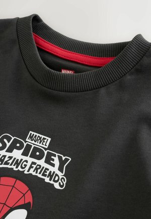 Černá mikina s žebrovaným límcem a červenou vnitřní podšívkou. Tučný bílý nápis "MARVEL SPIDEY AMAZING FRIENDS" s grafikou Spider-Mana.