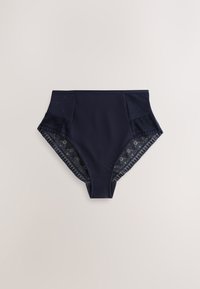 Schwarze Damenunterwäsche mit hoher Taille, glatter Frontpartie und Spitzenverzierung an den Seiten und Beinöffnungen.