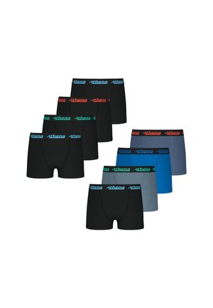 Sept paires de boxers en noir, gris et bleu, avec des ceintures élastiques portant le mot "Athena" dans des couleurs contrastées. Différentes couleurs et styles présentés.