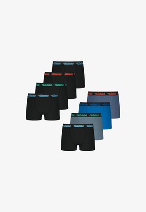 Sept paires de boxers en noir, gris et bleu, avec des ceintures élastiques portant le mot "Athena" dans des couleurs contrastées. Différentes couleurs et styles présentés.