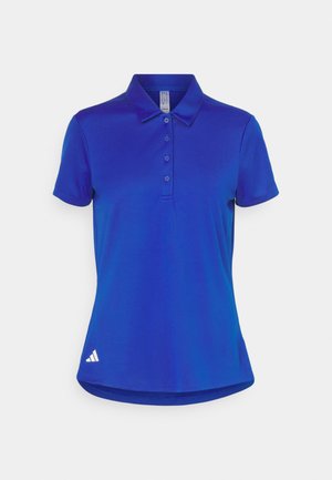 Blue polo shirt made from smooth fabric, featuring a buttoned placket, short sleeves, and a white logo accent near the hem.