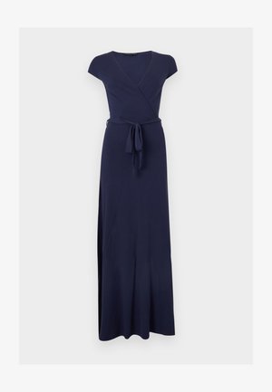 Vestito lungo blu navy con maniche corte, corpino incrociato con scollatura a V e cintura in tessuto annodata in vita.