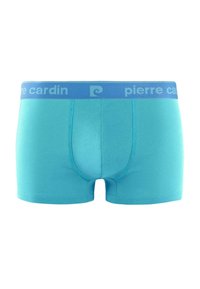 Boxer-briefs pour hommes turquoise avec une ceinture élastique bleue portant le logo "pierre cardin". Texture lisse et design ajusté, sans motifs.