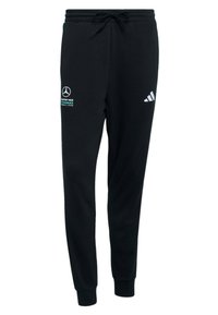 Pantalon de survêtement noir en matériau doux, doté d'une ceinture élastique avec cordon de serrage, et d'accents de logo blanc de Mercedes et Adidas.