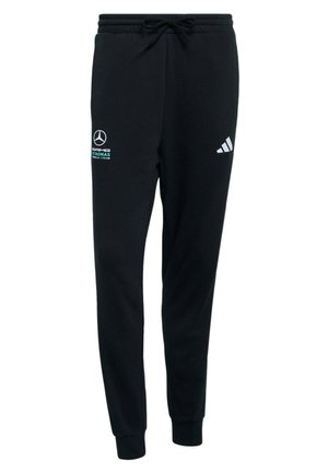 Pantalon de survêtement noir en matériau doux, doté d'une ceinture élastique avec cordon de serrage, et d'accents de logo blanc de Mercedes et Adidas.