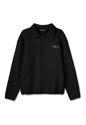 Black woolen buttoned cardigan with collar, long sleeves, ribbed cuffs and hem, and white embroidered "Pegador" logo on chest.