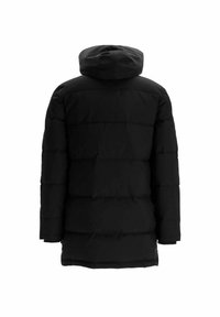 Abrigo largo de invierno acolchado negro con capucha, visto desde atrás, con costuras acolchadas horizontales y mangas largas.